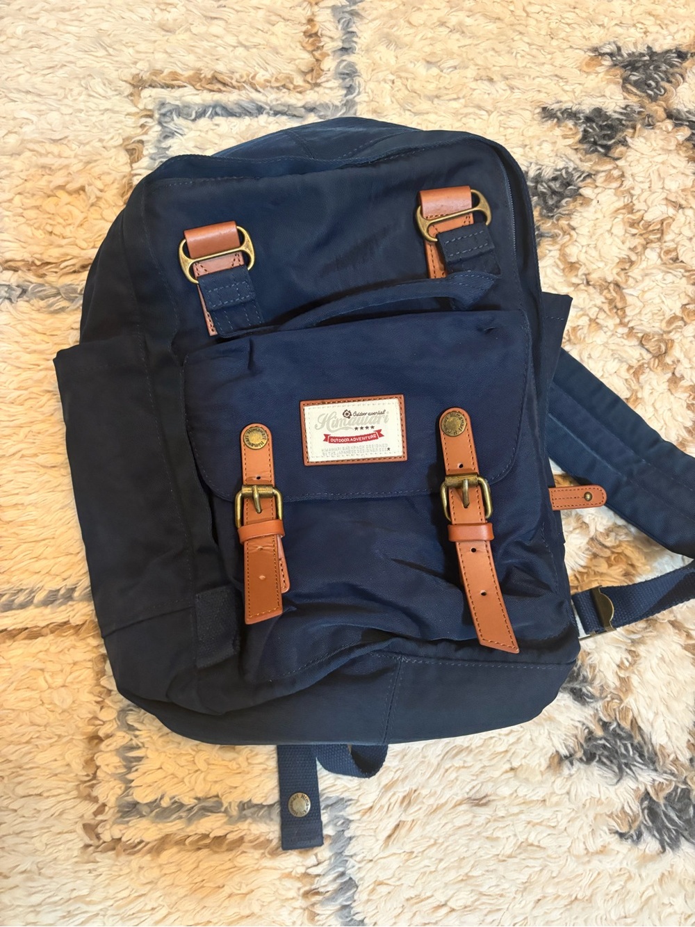 Classic Navy Backpack with Brown Leather Straps